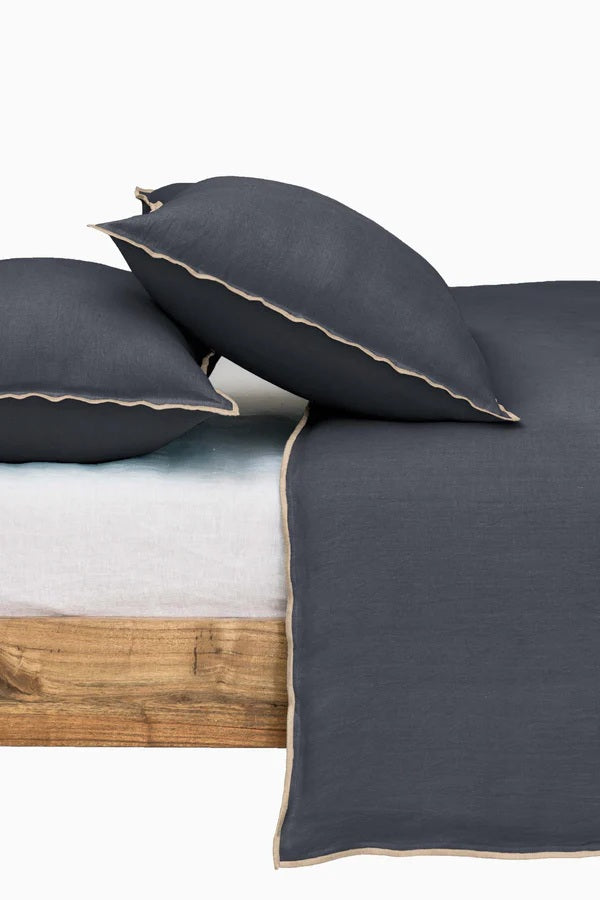Linen Duvet Cover | Charcoal with Natural Oatmeal Needle Embroidered Edge