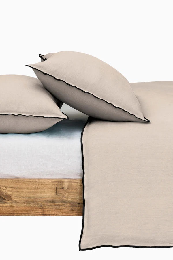 Linen Duvet Cover | Oatmeal with Black Needle Embroidered Edge