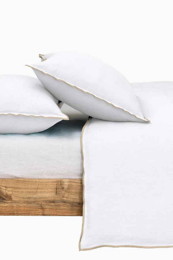 Linen Duvet Cover | Pure White with Oatmeal Needle Embroidered Edge