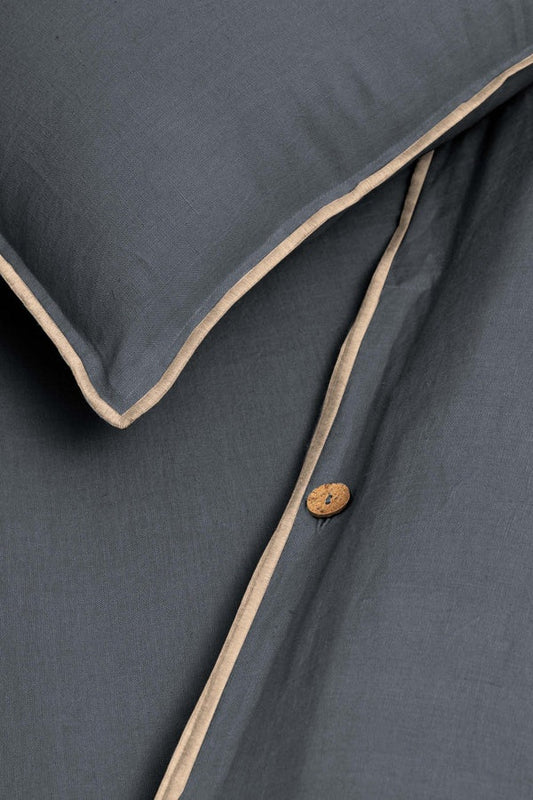 Linen Duvet Cover | Charcoal with Natural Oatmeal Needle Embroidered Edge