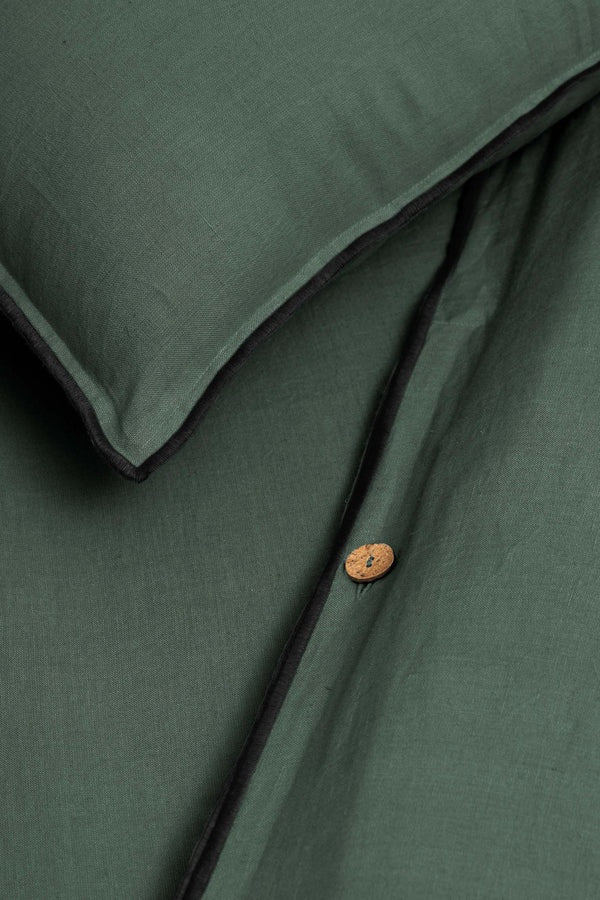 Linen Duvet Cover | Forest Green with Black Needle Embroidered Edge