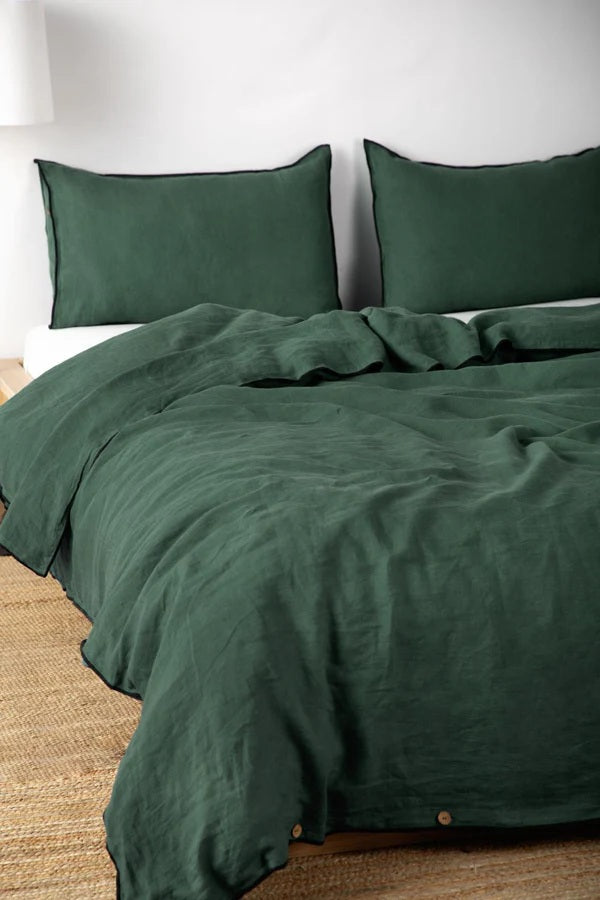 Linen Duvet Cover | Forest Green with Black Needle Embroidered Edge