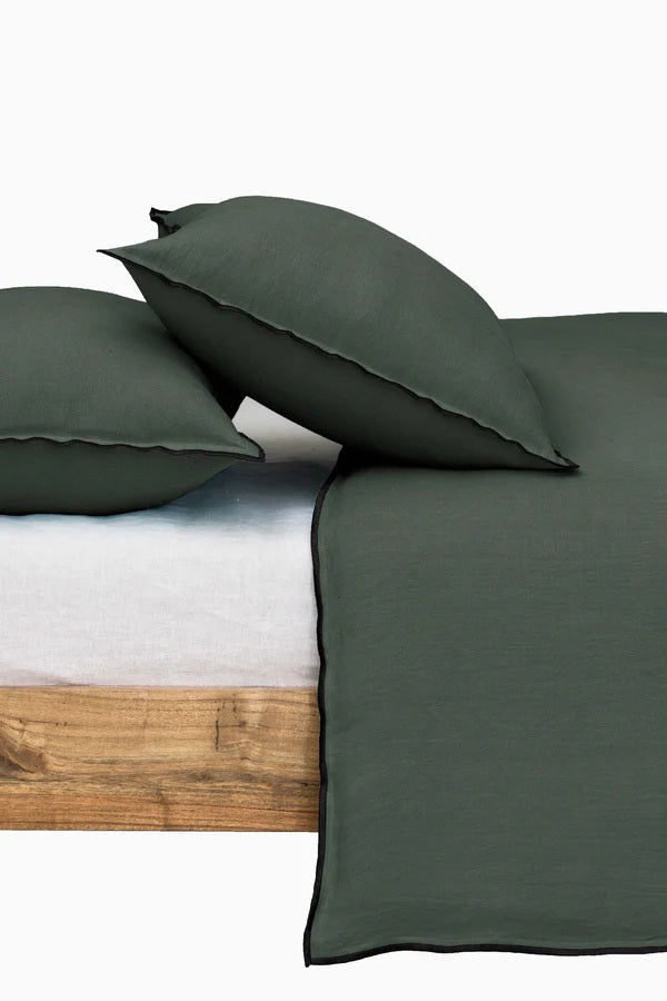 Linen Duvet Cover | Forest Green with Black Needle Embroidered Edge