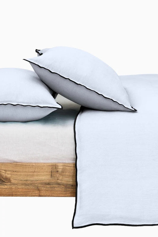 Linen Duvet Cover |  White with Black Needle Embroidered Edge