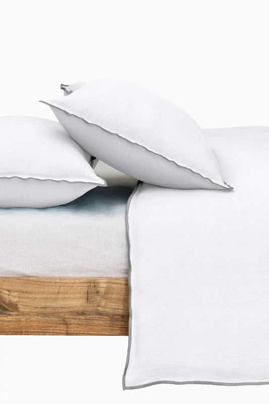 Linen Duvet Cover |  Pure White with Silver Needle Embroidered Edge